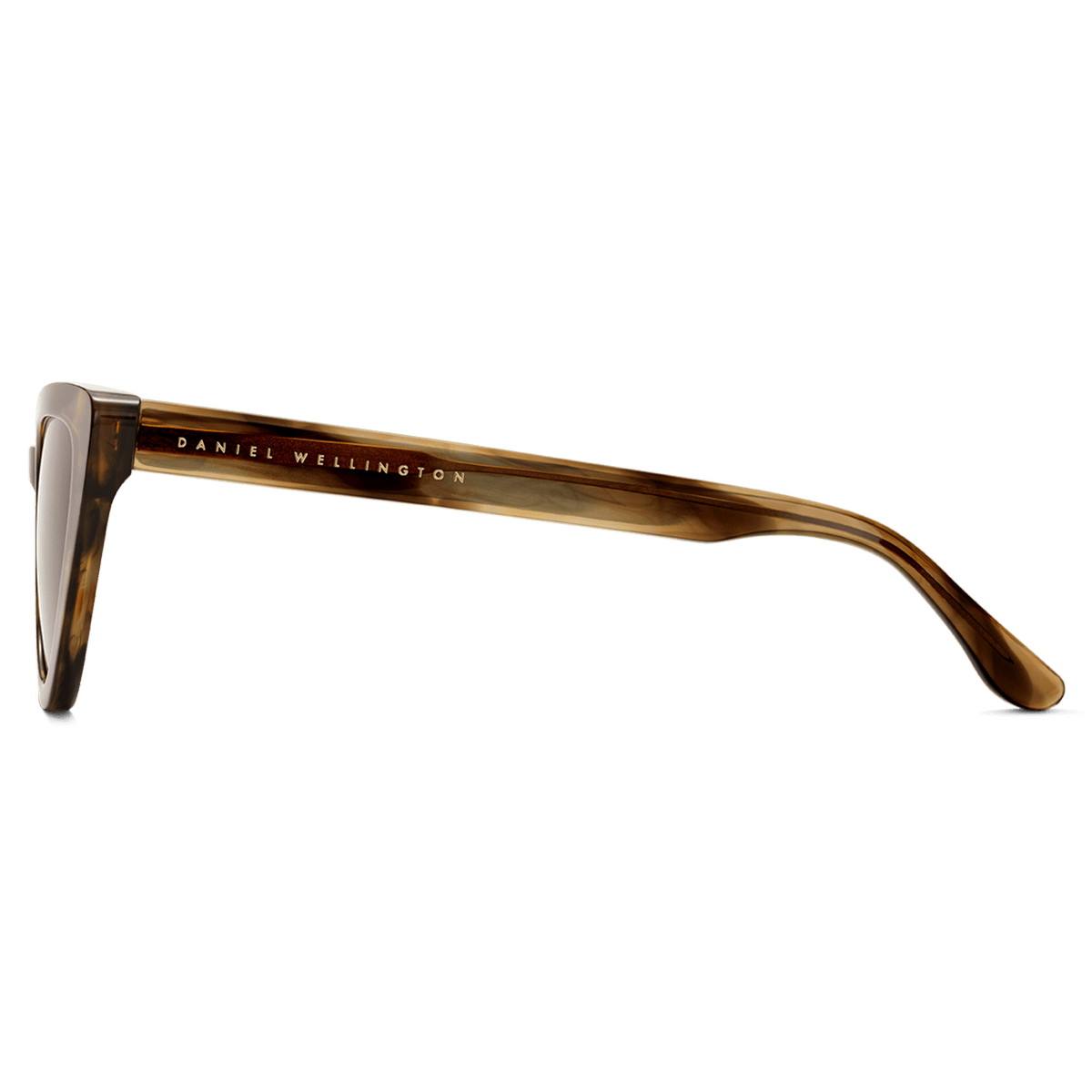 Side view of Lynx Bio-Acetate Brown Demi sunglasses showing the brown demi bio-acetate frame and Daniel Wellington branding on the arm.