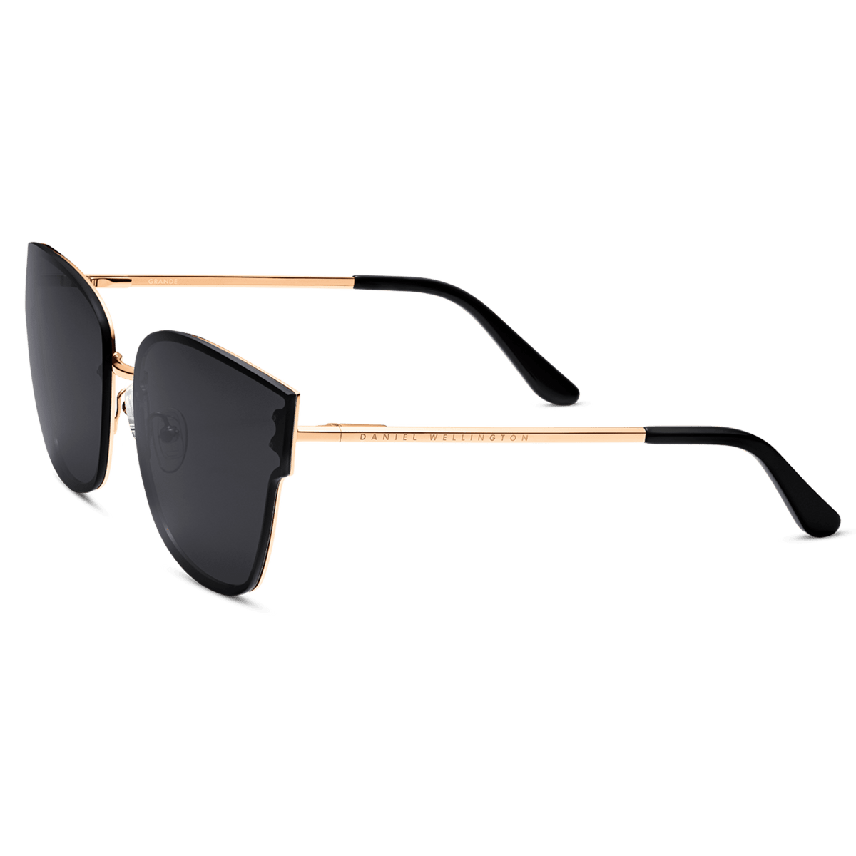 Steel Grande Rose Gold sunglasses featuring oversized square black lenses, slim rose gold plated stainless steel arms, and black acetate temple tips for a comfortable and stylish fit.