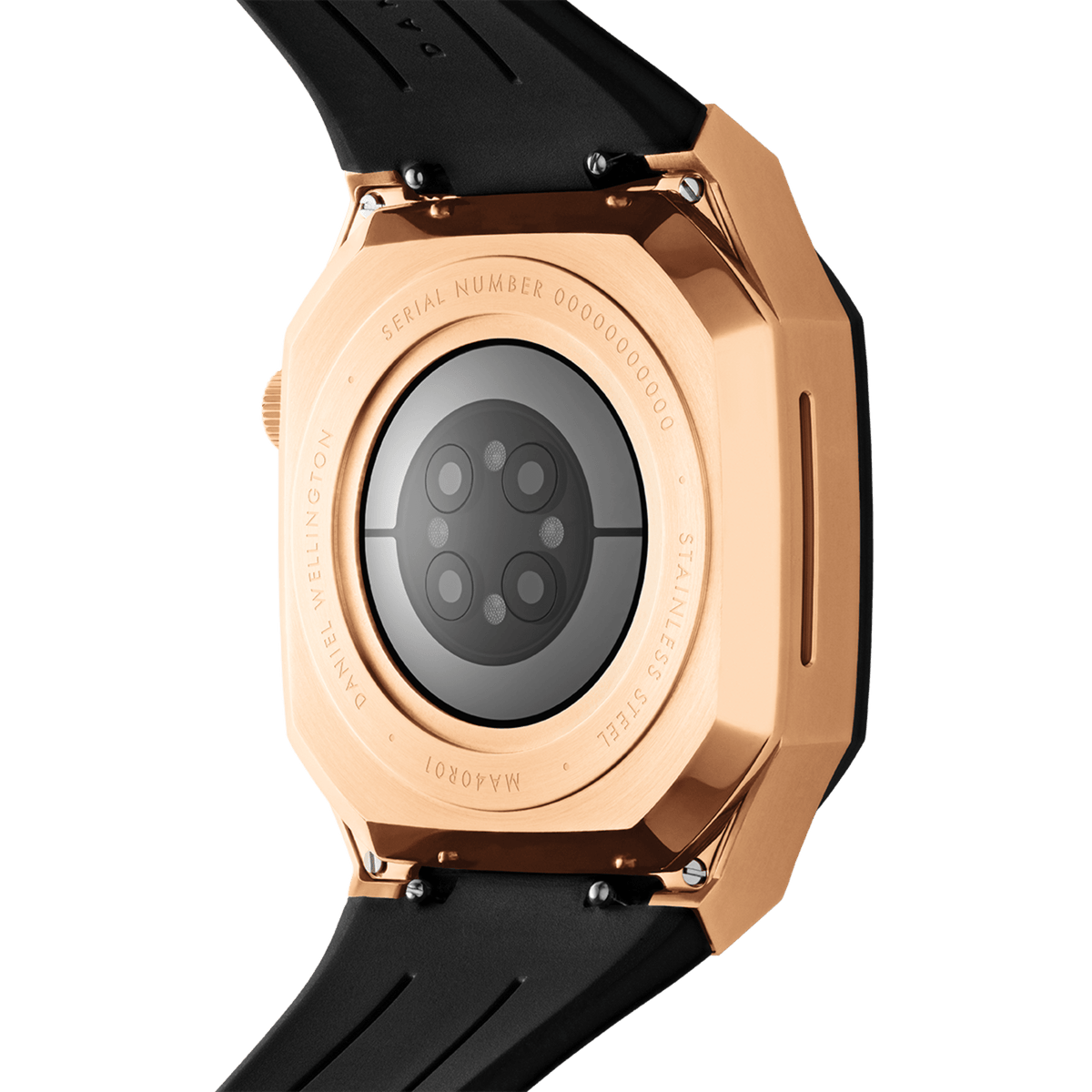 Back view of the Switch Rose Gold Apple Watch case showing the brushed rose gold stainless steel finish, engraved details, and integrated black FKM rubber strap, designed for secure fit and durability.