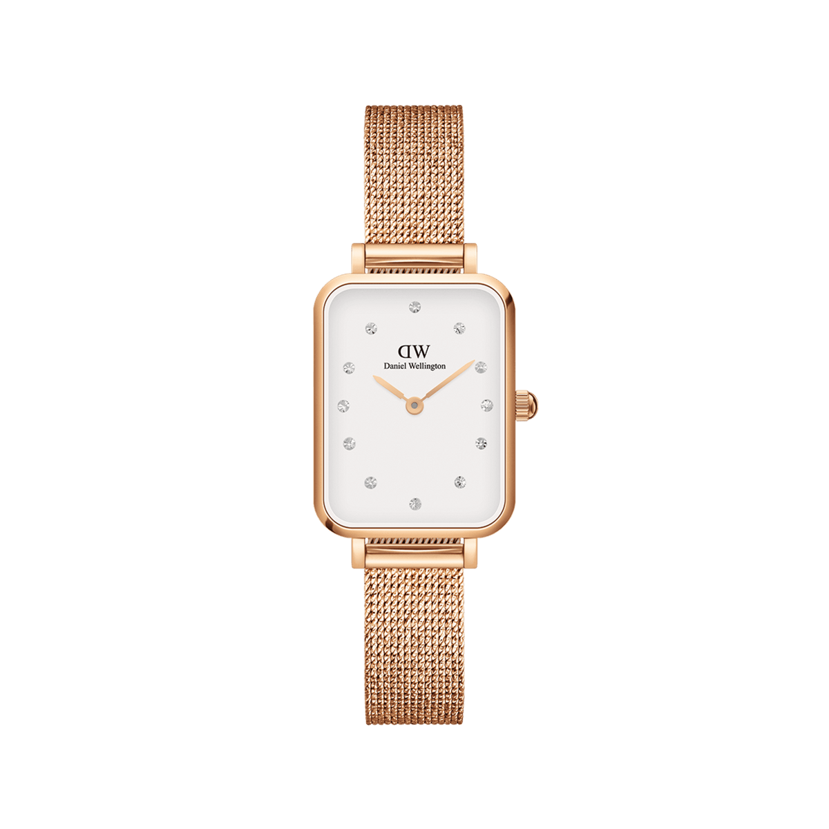 Quadro Lumine Pressed Melrose ladies watch with a rectangular rose gold case, eggshell white dial featuring crystal markers, and a slim rose gold mesh bracelet, ideal for small wrists and everyday wear.