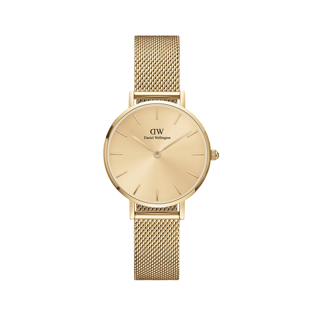 Petite Unitone Gold watch featuring a minimalist gold round dial and an adjustable gold mesh strap, crafted from polished stainless steel for a refined and elegant look.