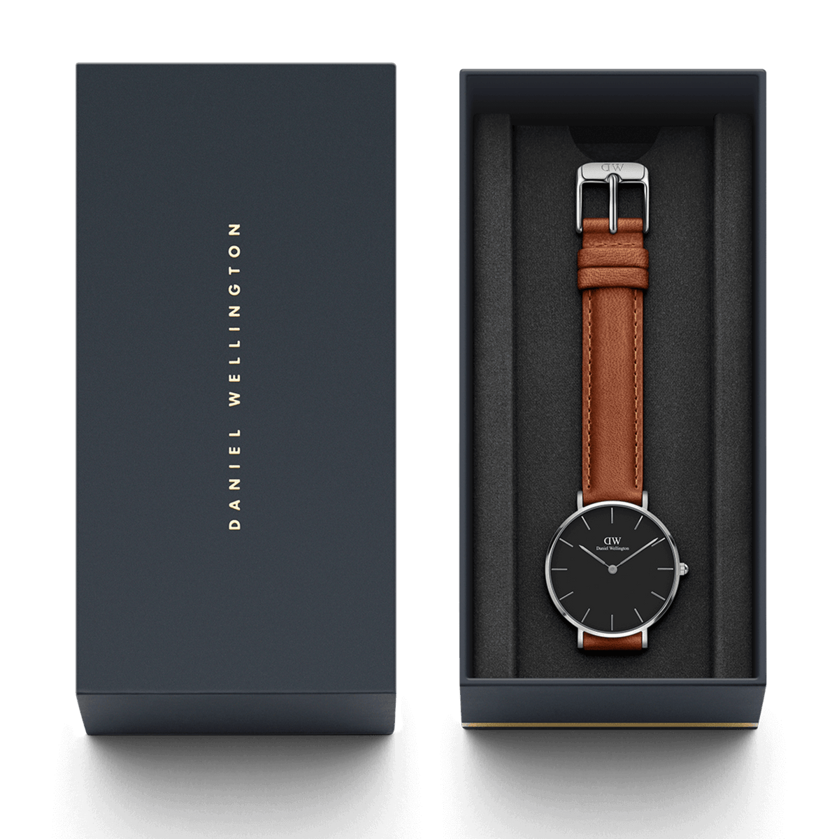 Petite Durham Black Silver ladies watch presented in a Daniel Wellington gift box, featuring a sleek black dial, polished silver case, and light brown leather strap.