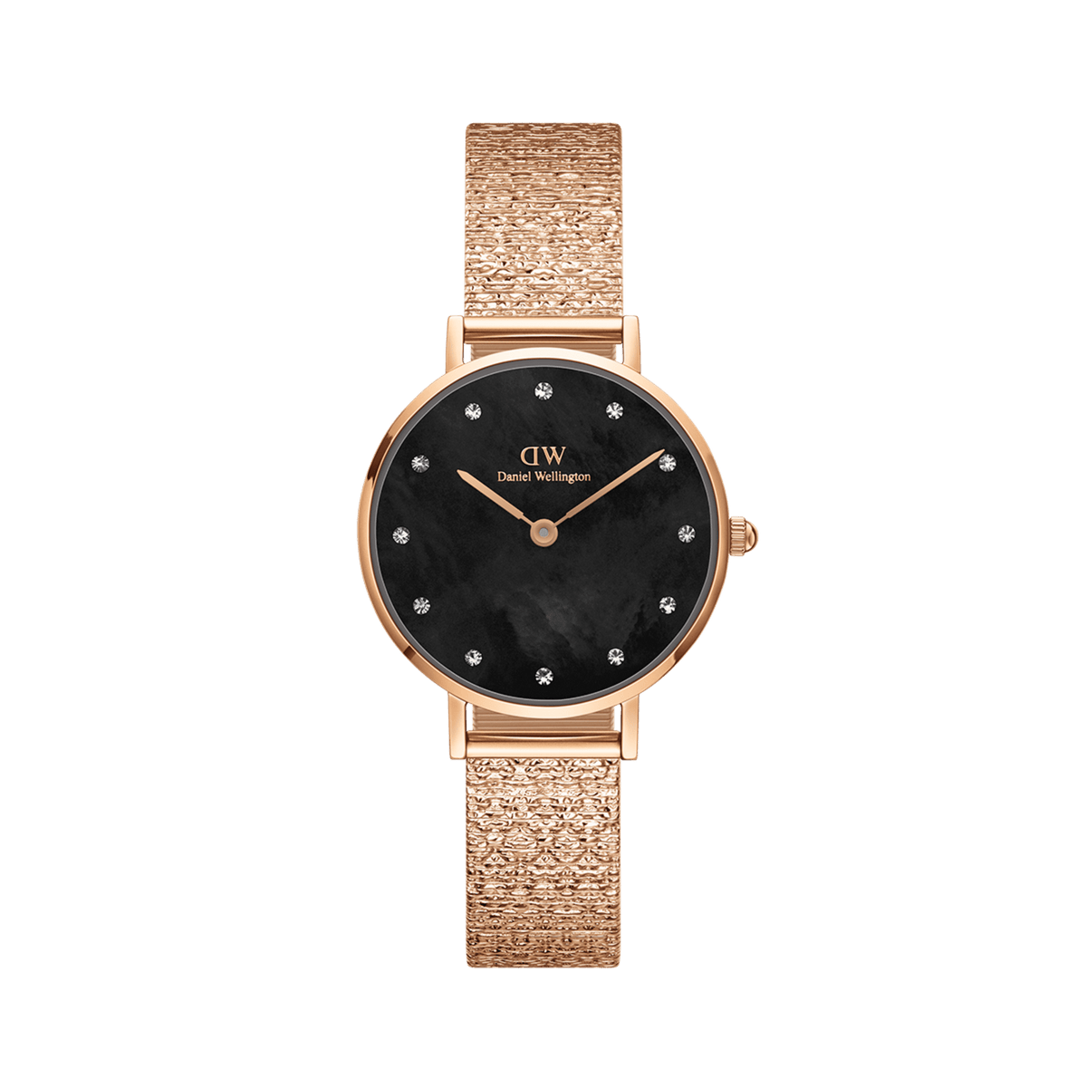Rose gold ladies watch with a pressed piano link strap, black mother of pearl dial, and crystal markers, designed for everyday wear and elegant styling.
