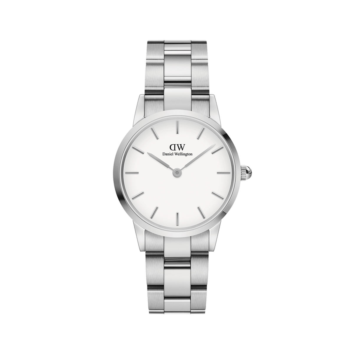 Iconic Link Silver watch by Daniel Wellington with a brushed stainless steel bracelet, minimalist eggshell white dial, and slim silver hour markers, ideal for both men and women.
