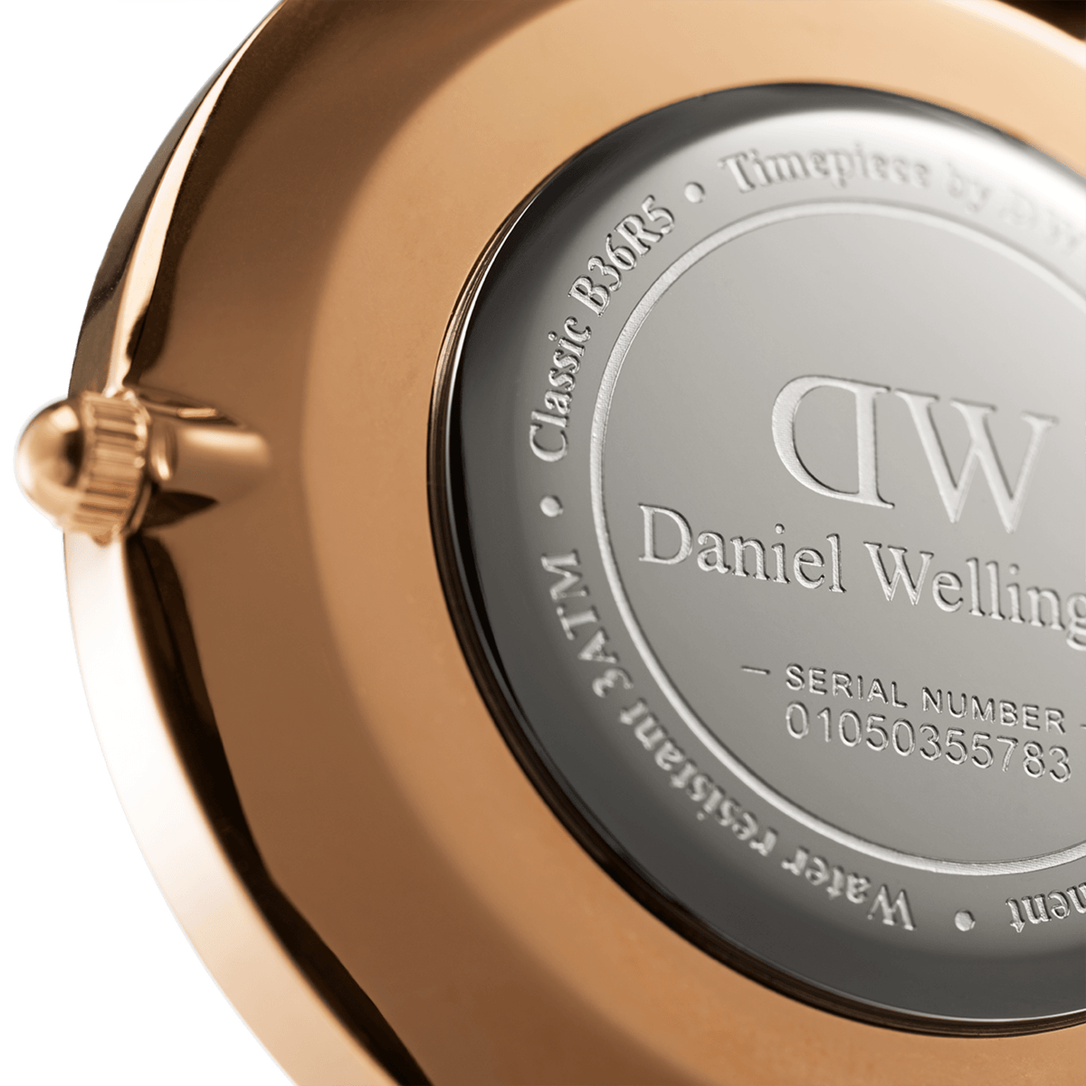 Back view of the Classic Dover Black Rose Gold watch, showing the engraved stainless steel case back with water resistance details and serial number, framed by the polished rose gold casing.