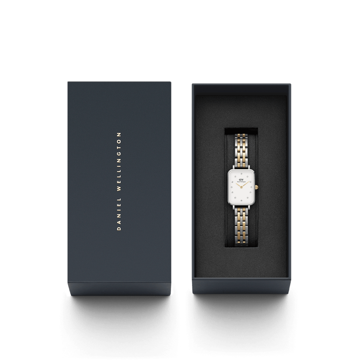 Quadro Lumine 5-link two-tone ladies watch with a rectangular eggshell white dial and silver-gold bracelet, presented in a sleek Daniel Wellington gift box.