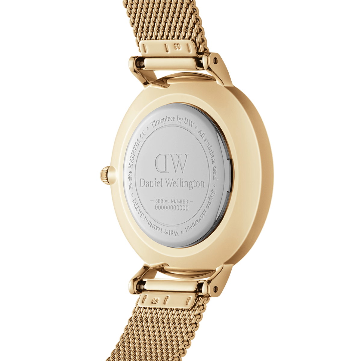 Back view of the Petite Lumine Pressed Melrose ladies watch showing the engraved Daniel Wellington case, rose gold pressed mesh strap, and secure clasp detail.