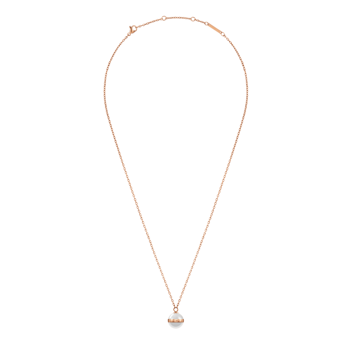 Aspiration Necklace Rose Gold Satin White with an adjustable rose gold chain and a round satin white ceramic pendant framed by a rose gold plated band, offering a minimal and elegant look.