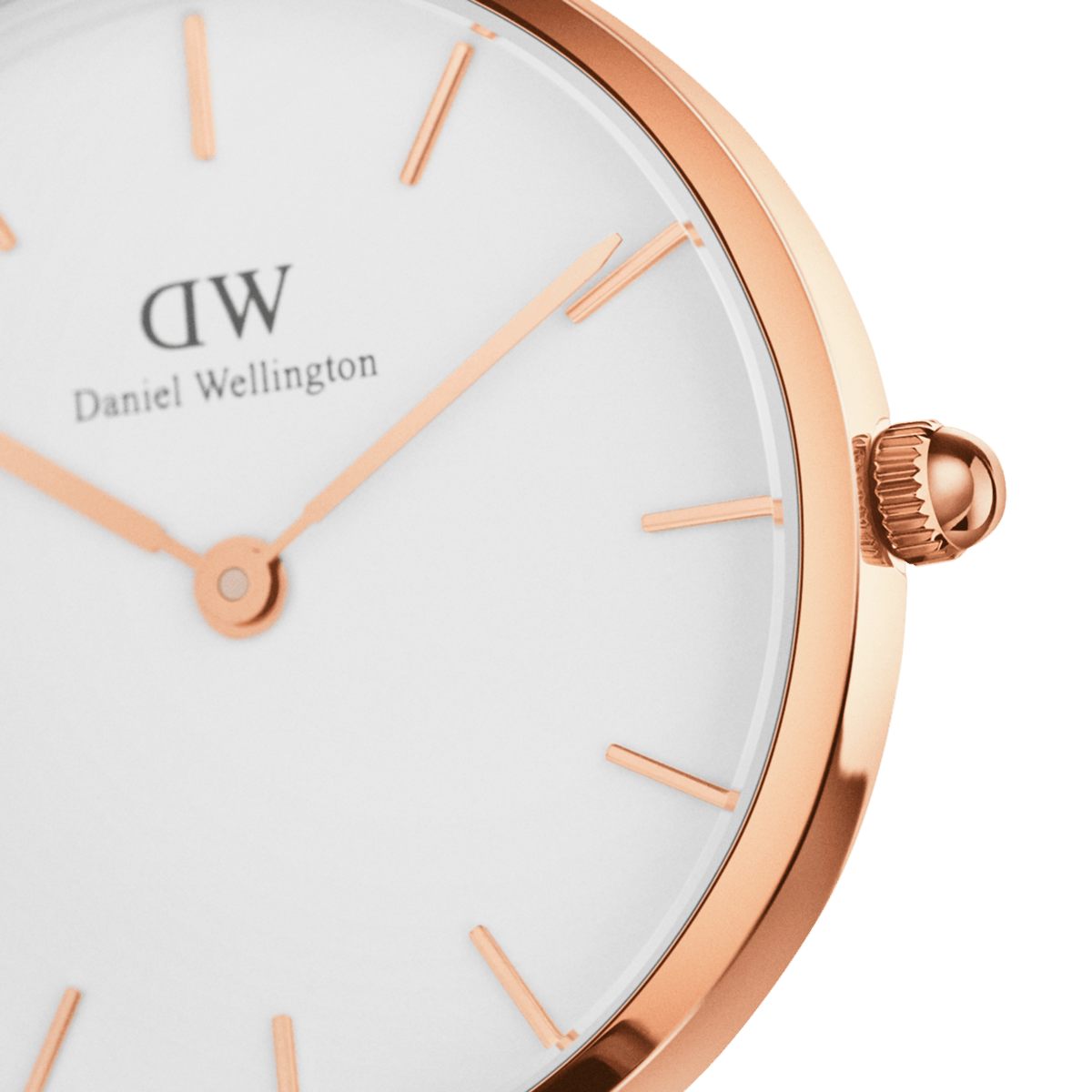 Close-up of the Petite Suffolk Rose Gold ladies watch highlighting the rose gold case, minimalist white dial, and slim rose gold hands, showcasing its refined and elegant design.