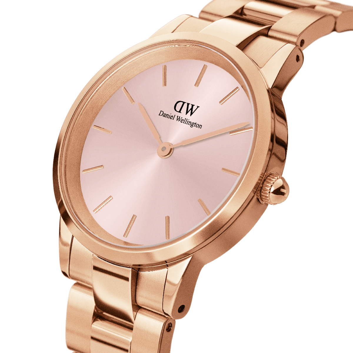 Close-up of the Iconic Link Pink Rose Gold ladies watch, featuring a soft pink sunray dial, minimalist gold hour markers, and a polished rose gold stainless steel link bracelet.