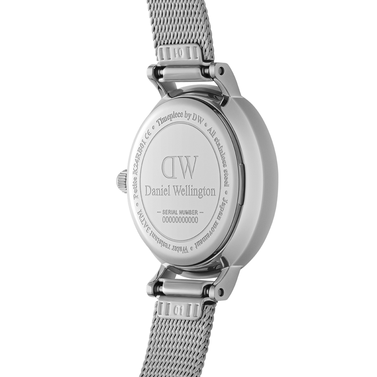 Close-up of the Petite Pressed Sterling ladies watch showing the engraved stainless steel case back, mesh strap, and serial number, highlighting its quality craftsmanship and attention to detail.