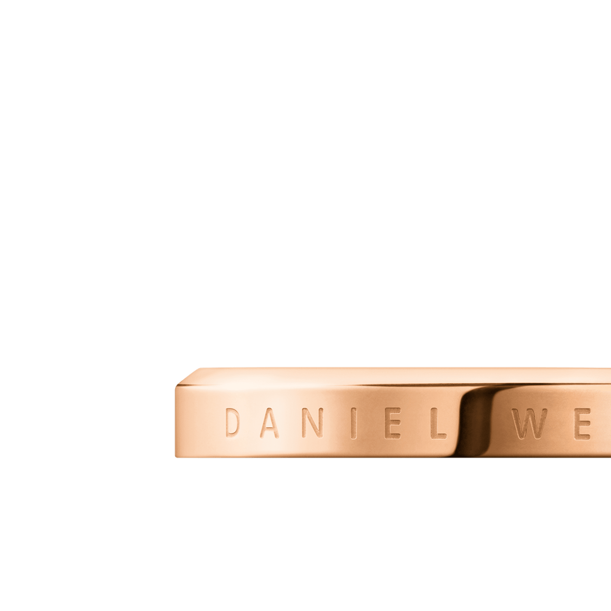 Close-up of the Classic Ring Rose Gold showing the engraved branding detail on the polished rose gold band, highlighting its minimalist and elegant finish.