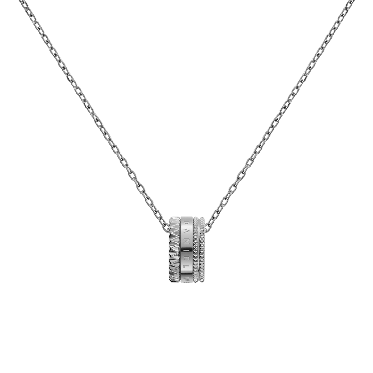 Elevation Necklace Silver featuring a bold geometric ring pendant with engraved detailing and a smooth, minimalist silver chain, designed for versatile everyday wear.