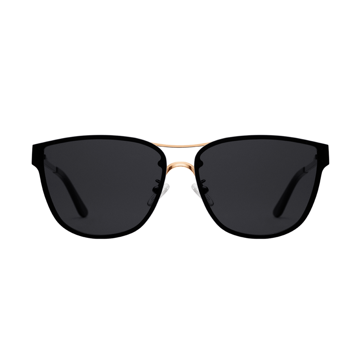 Ambler Steel Rose Gold sunglasses with a softly rounded rose gold plated stainless steel frame and dark nylon lenses, featuring adjustable silicone nose pads and black temple tips for a comfortable, modern classic look.