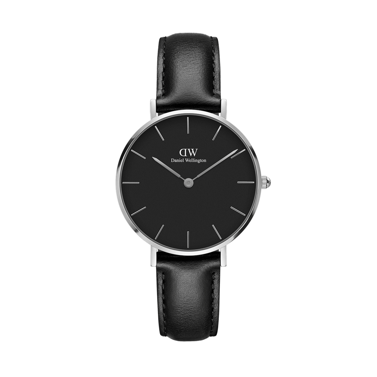 Petite Sheffield Black Silver watch featuring a minimalist black dial, slim black leather strap, and polished silver 32mm case, ideal for women seeking a refined and versatile accessory.