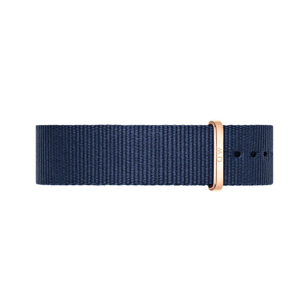 Bayswater Strap Rose Gold NATO watch strap in deep midnight blue polyester with a rose gold buckle, shown flat to highlight its refined texture and adjustable design.
