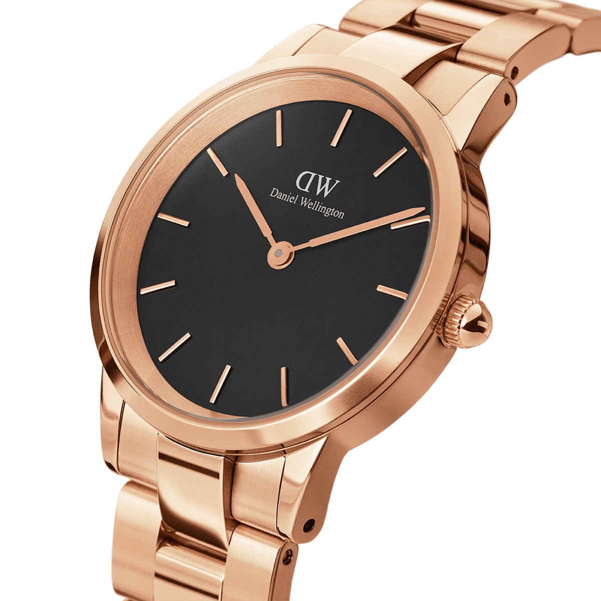 Close-up of the Daniel Wellington Iconic Link Black Rose Gold watch showing its black minimalist dial, slim rose gold hour markers, and polished rose gold stainless steel bracelet.