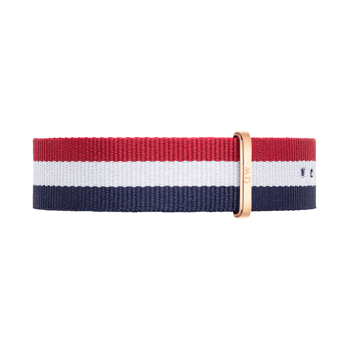 Striped NATO strap in blue, white, and red with a rose gold buckle, designed for the Classic Cambridge Rose Gold watch.