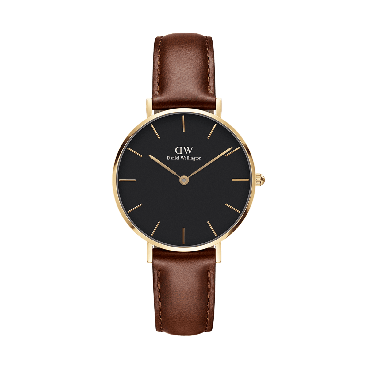 Petite St Mawes Black Gold features a 32mm gold-plated case, minimalist black dial, and a genuine brown leather strap, offering a refined and versatile wrist watch for women.