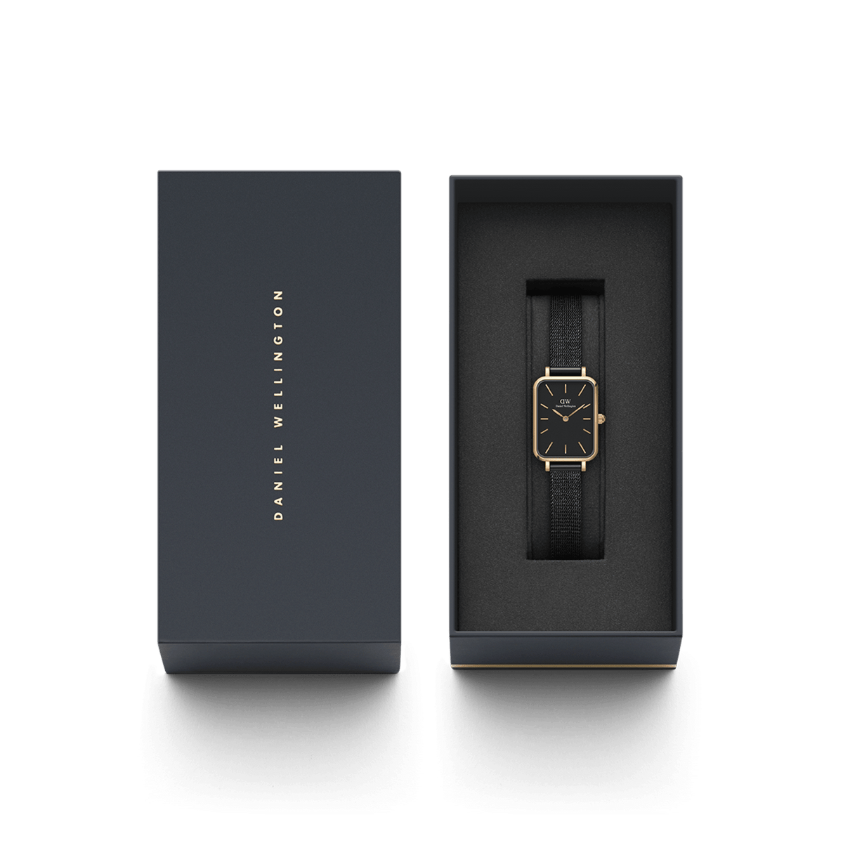Quadro Pressed Ashfield B 29x36,5 Rose Gold ladies watch with a rectangular rose gold case and black mesh strap, elegantly presented in a Daniel Wellington branded gift box.