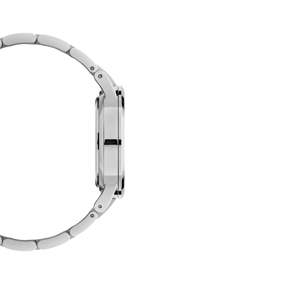 Side profile of the Daniel Wellington Iconic Link Arctic Silver watch, showcasing its slim stainless steel case and polished link bracelet.
