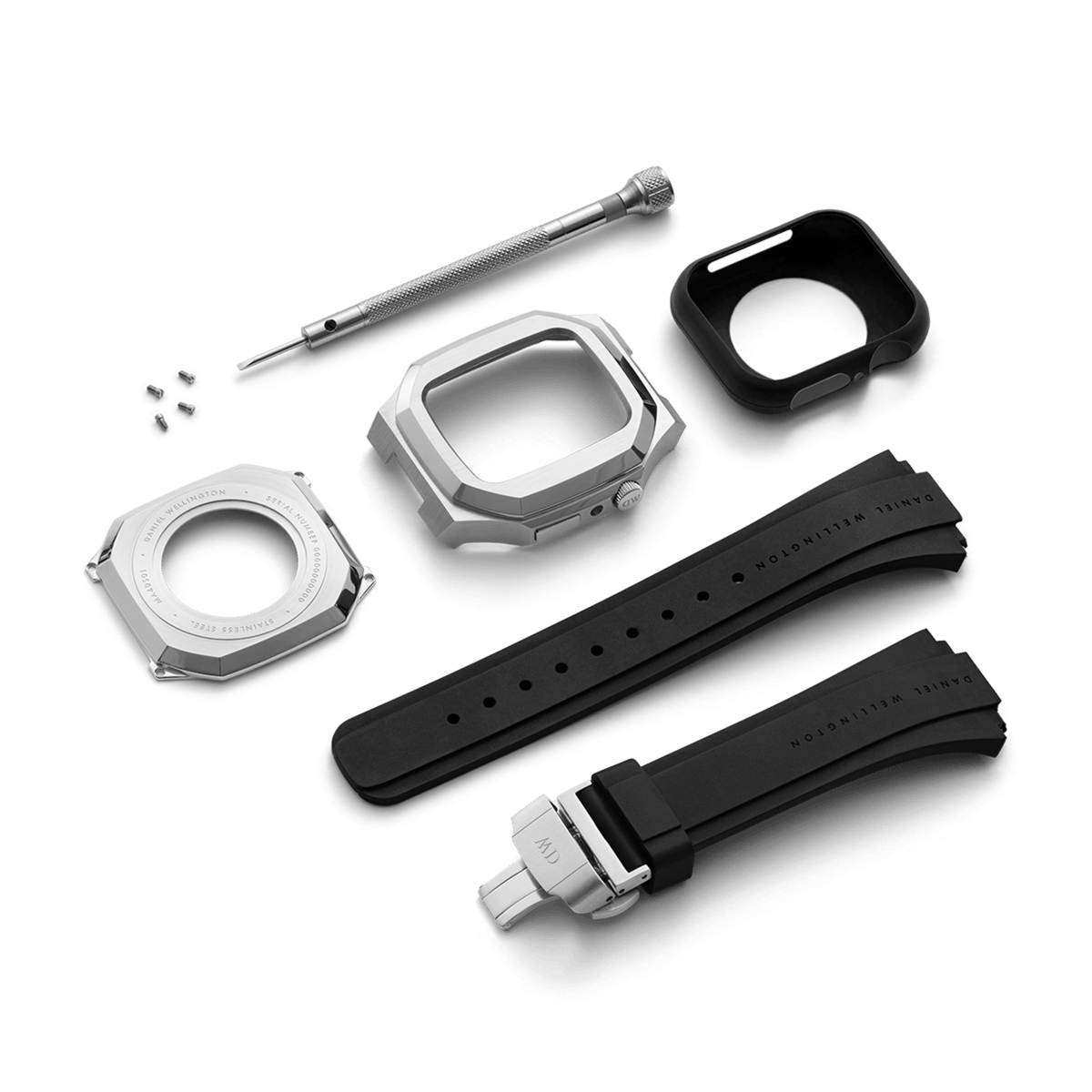 Switch Silver Apple Watch case kit including brushed stainless steel octagonal case, black rubber strap with deployment clasp, back cover, screws, screwdriver, and protective insert, designed for 40mm Apple Watch models.