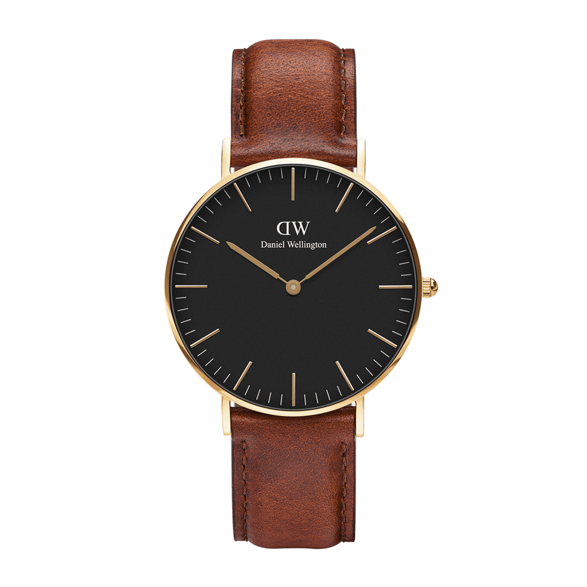 Classic St Mawes Gold watch with a slim gold-plated case, matte black dial, minimalist gold hour markers, and a brown leather strap suitable for both formal and casual wear.