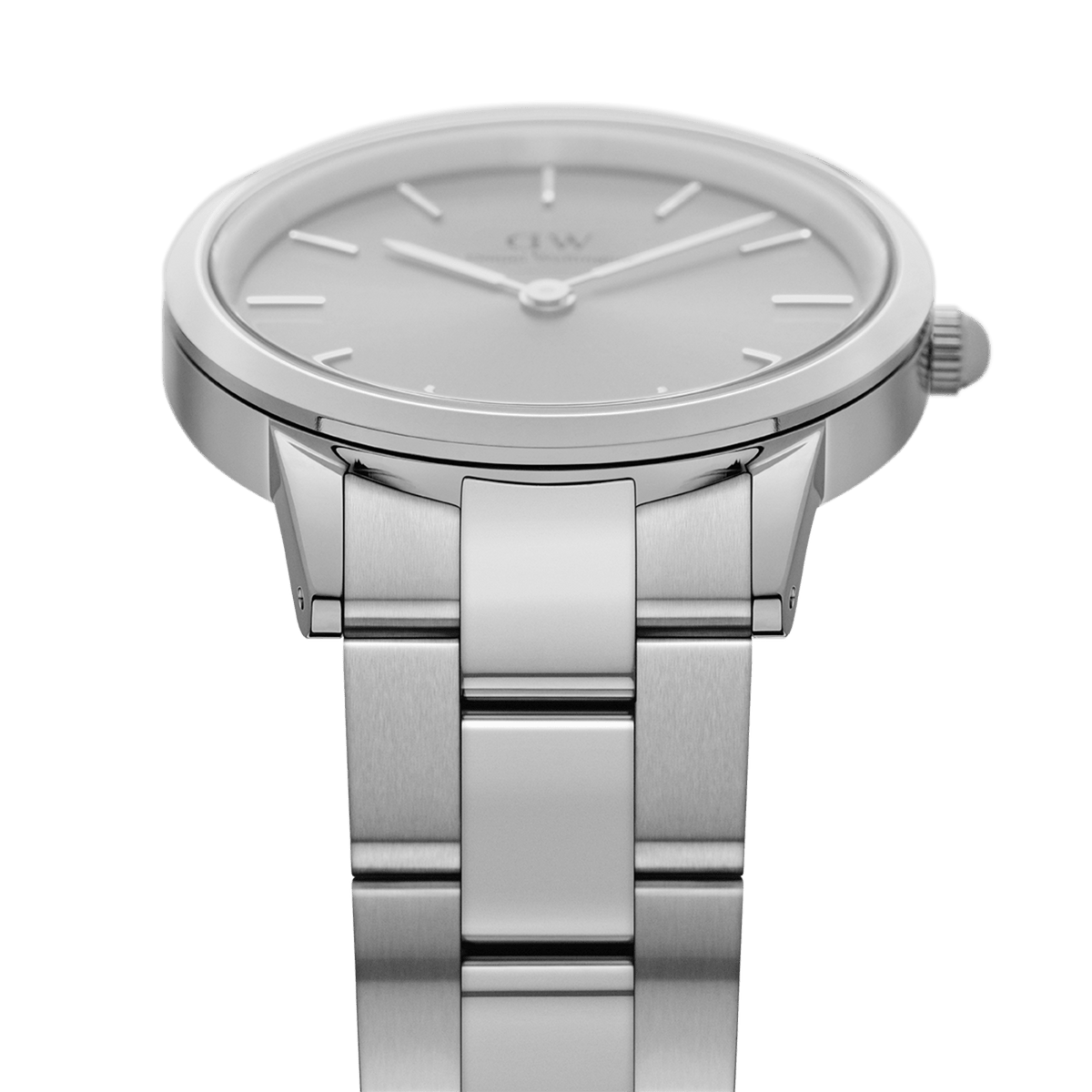 Iconic Link Unitone Silver ladies watch featuring a seamless stainless steel bracelet, minimalist silver dial and slim case, shown from a front angle to highlight its modern monochrome design.