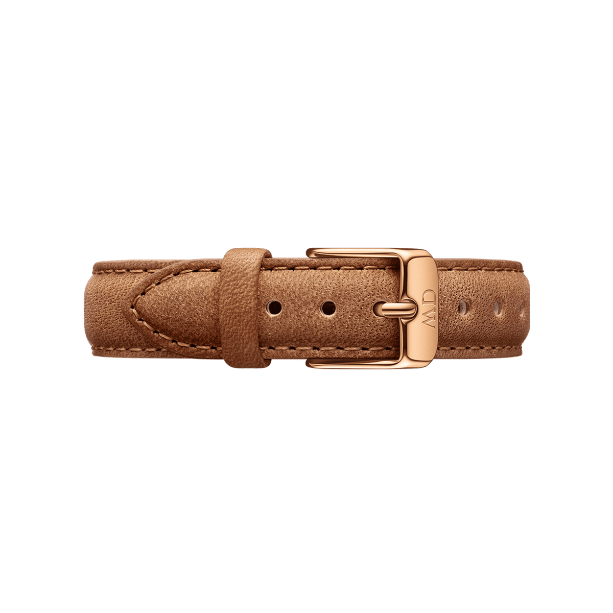 Light brown genuine leather watch strap for the Petite Durham Rose Gold, featuring visible stitching and a polished rose gold buckle.