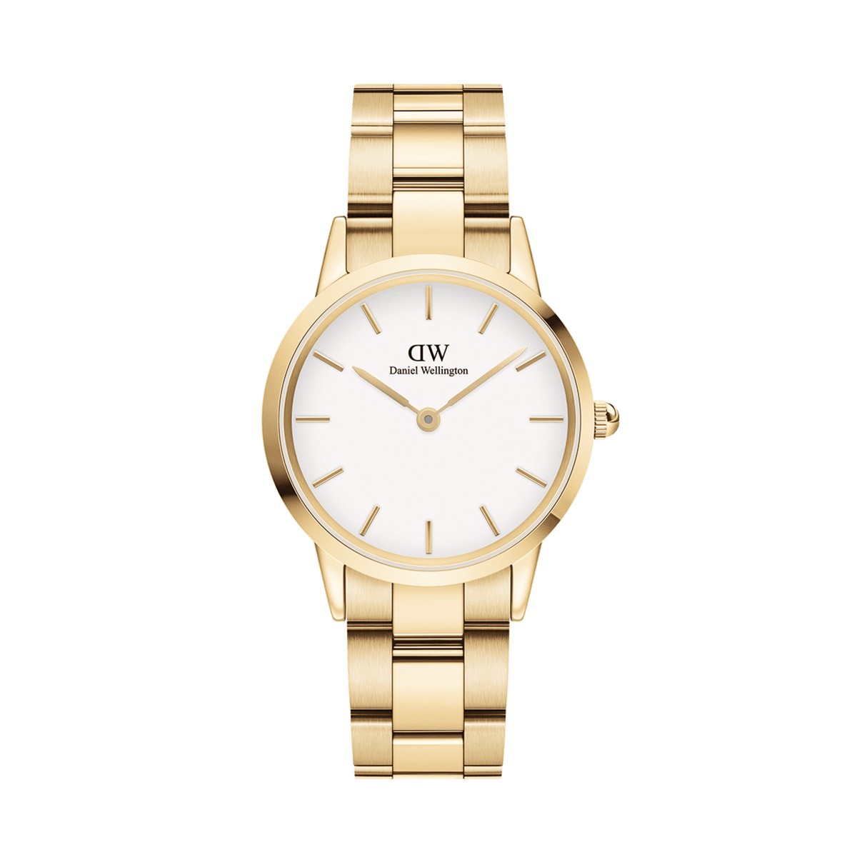 Polished gold stainless steel ladies watch with a gold link bracelet and a minimalist eggshell white dial, featuring slim gold hour markers and hands for a timeless, versatile look.