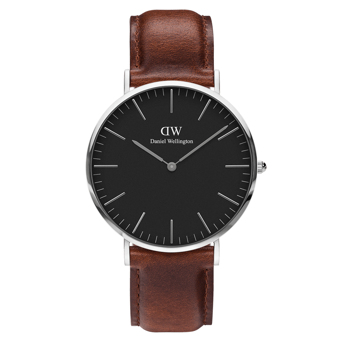 Classic St Mawes Black Silver watch with a black minimalist dial, slim silver case, and a smooth brown leather strap, showcasing a timeless and versatile design.