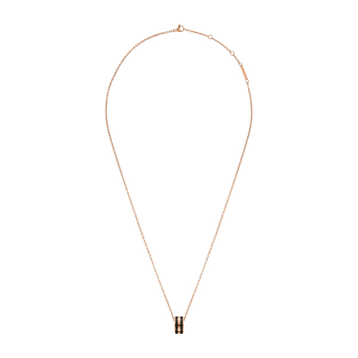 Emalie Necklace Rose Gold Black features a fine rose gold chain with an adjustable clasp and a bold black enamel pendant, offering a modern and elegant look suitable for both everyday wear and special occasions.