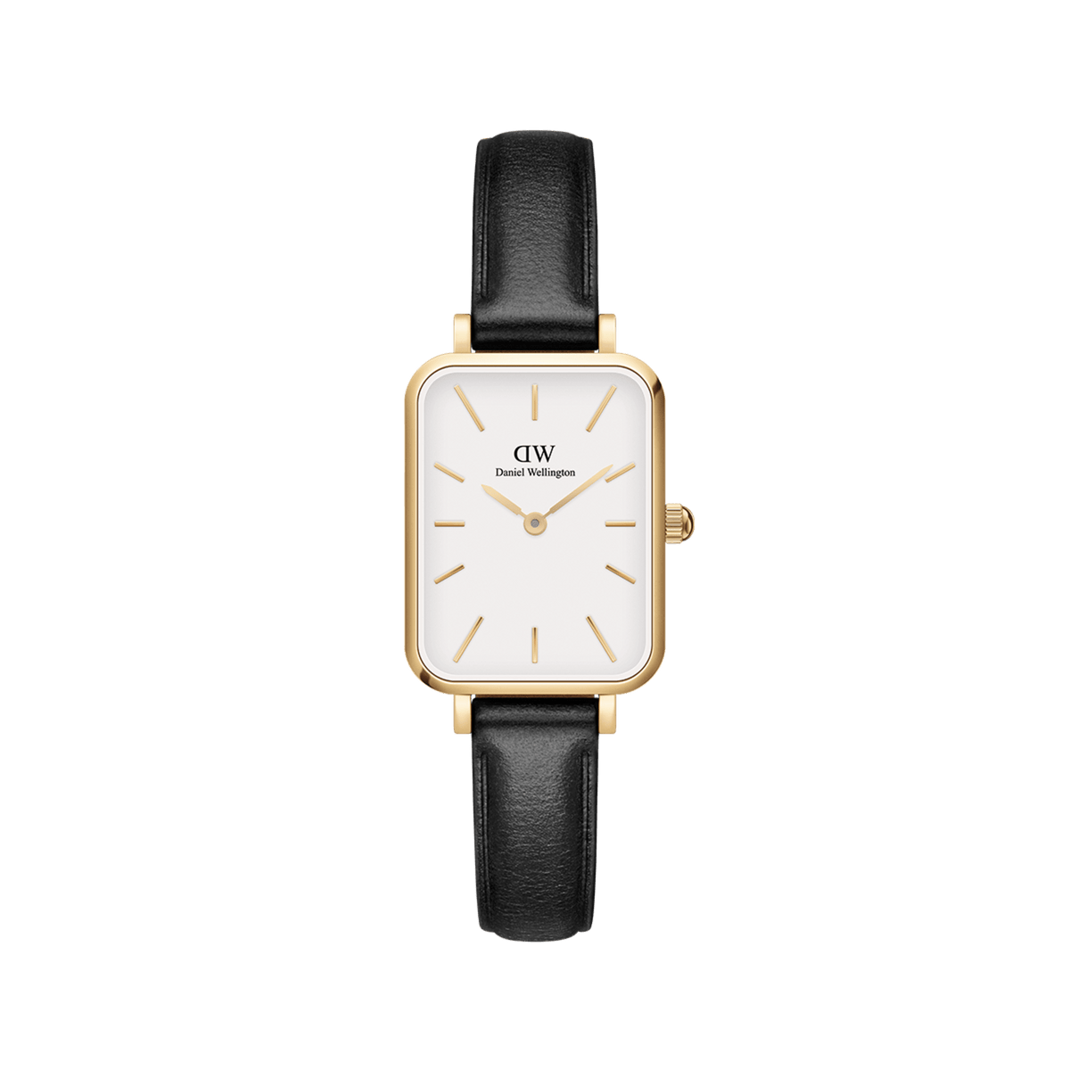 Quadro Pressed Sheffield Gold ladies watch featuring a rectangular gold case, minimalist white dial with gold markers, and a slim black leather strap.