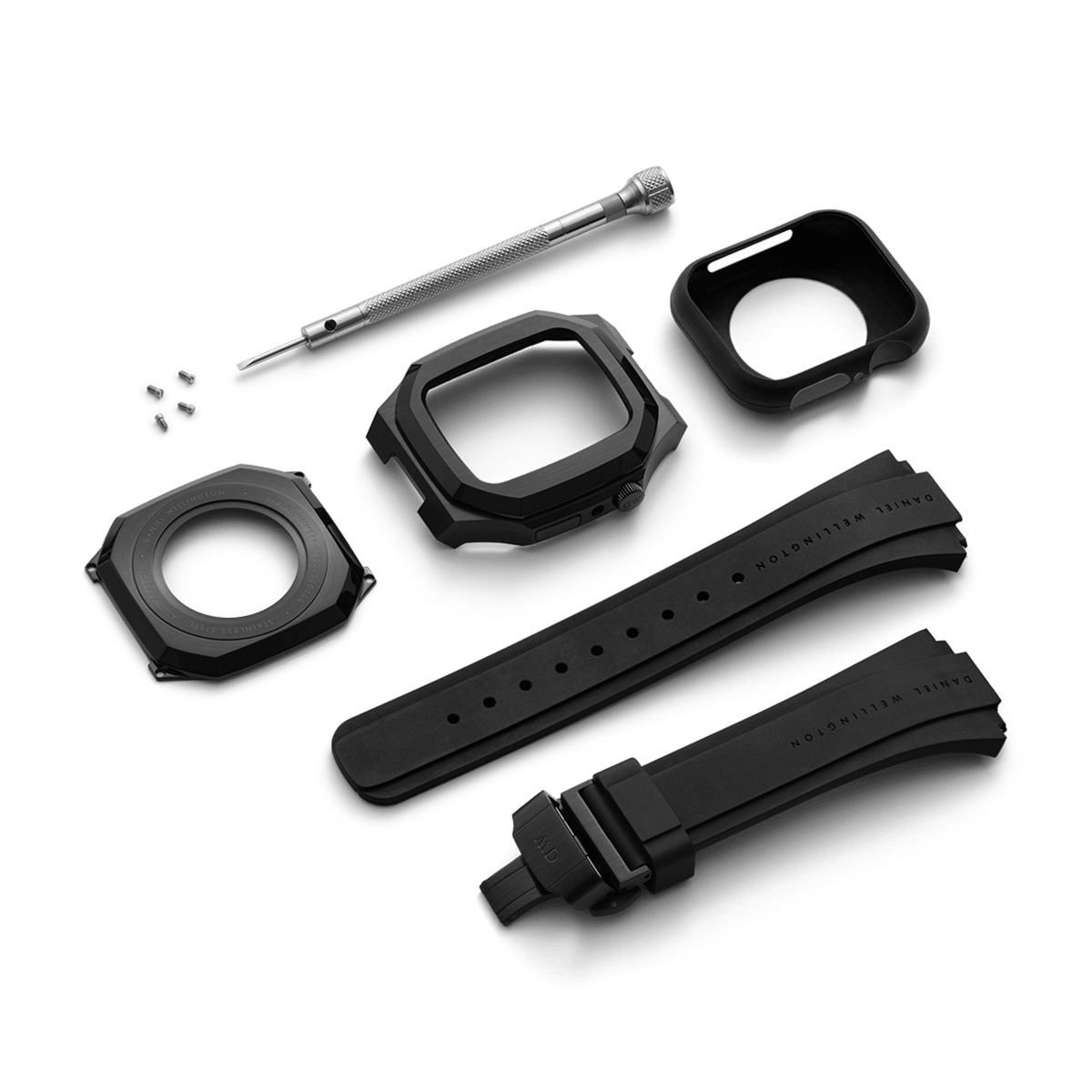 Switch Black Black Apple Watch case kit with brushed stainless steel components, geometric bezel, integrated FKM rubber strap, deployment clasp, screws, and installation tool, suitable for Series 6, 5, 4, and SE models.