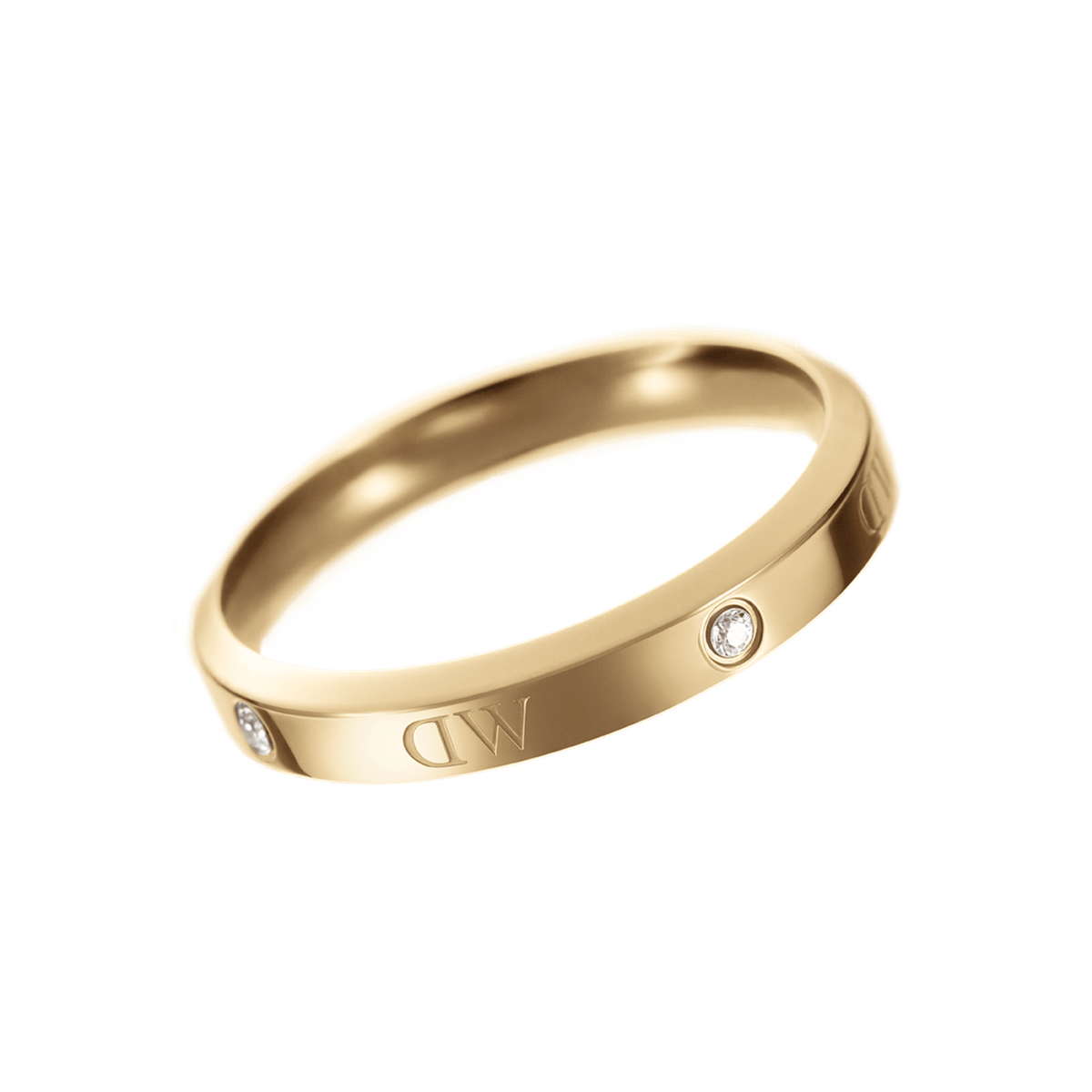 Classic Lumine Ring Gold with a curved polished gold band, featuring sparkling crystal accents and engraved logo detail, designed for a modern and elegant look.