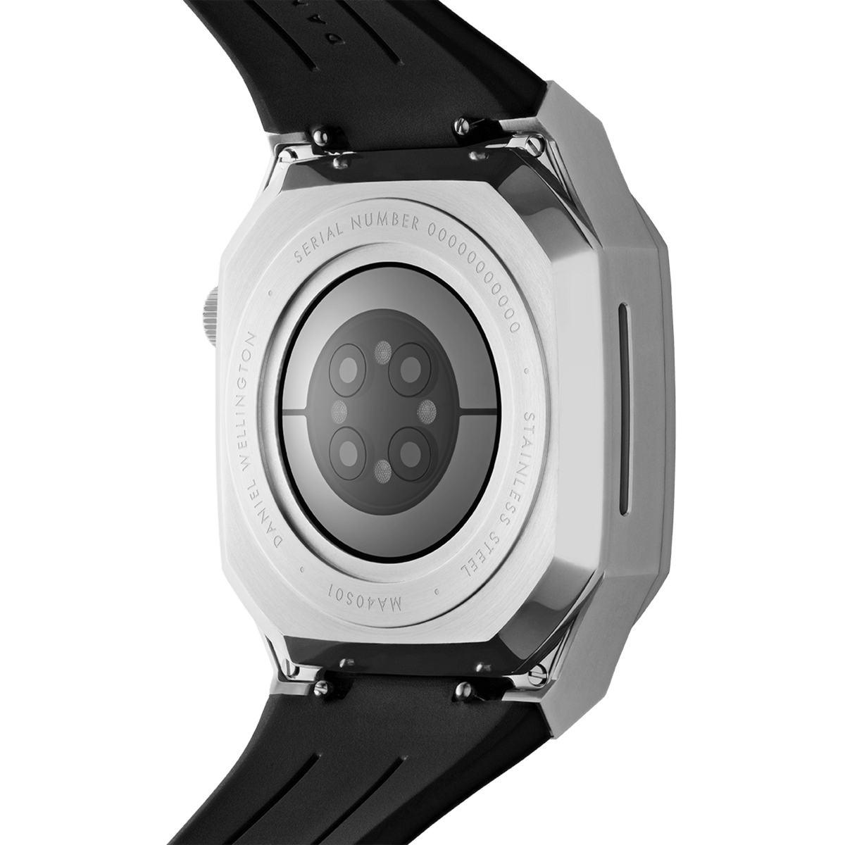 Back view of the Switch Silver Apple Watch case showing brushed stainless steel construction, octagonal shape, engraved detailing, and black rubber strap designed for 40mm Apple Watch models.