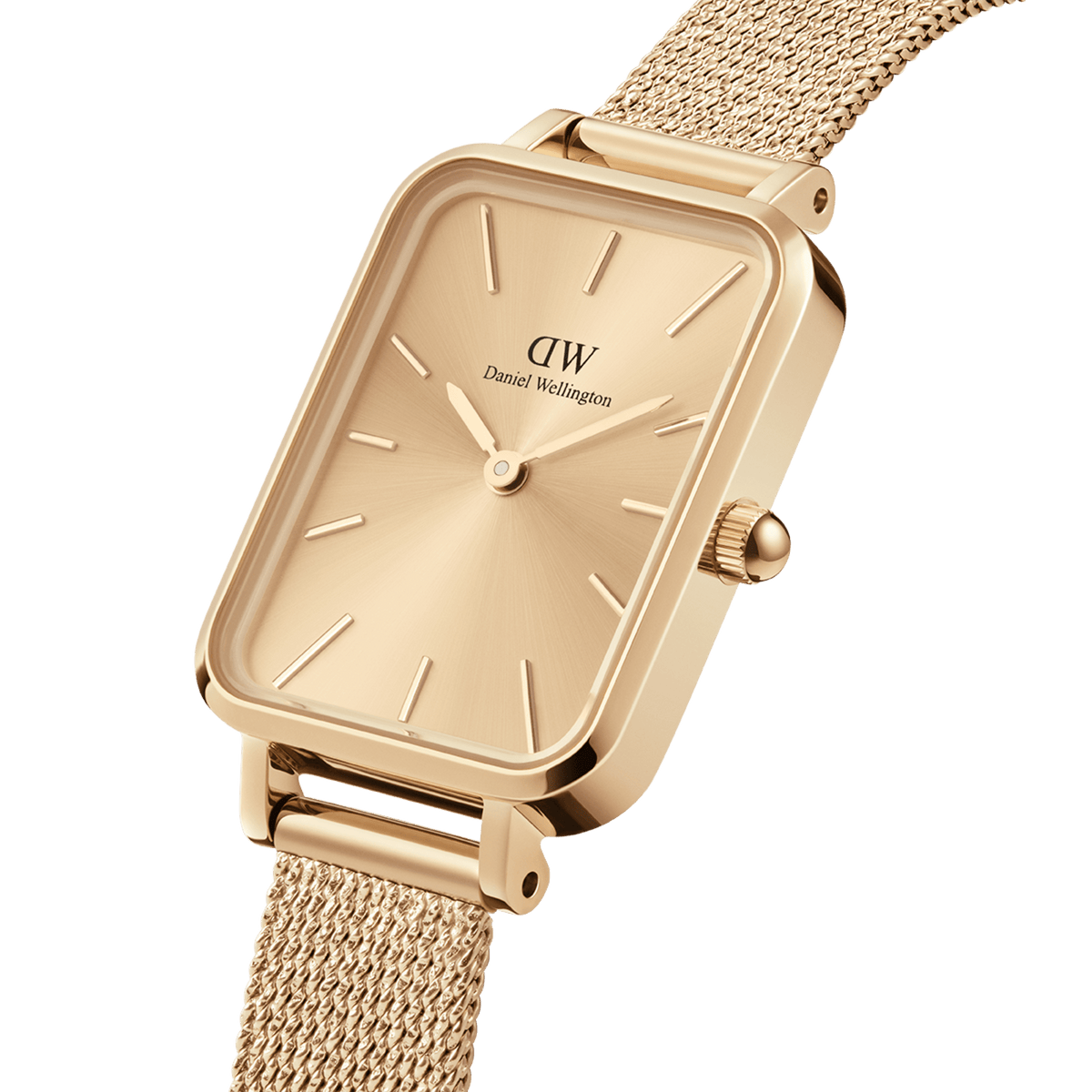 Quadro Pressed Unitone Gold watch featuring a rectangular gold dial, minimalist hour markers, and a pressed gold mesh strap with a polished stainless steel case.