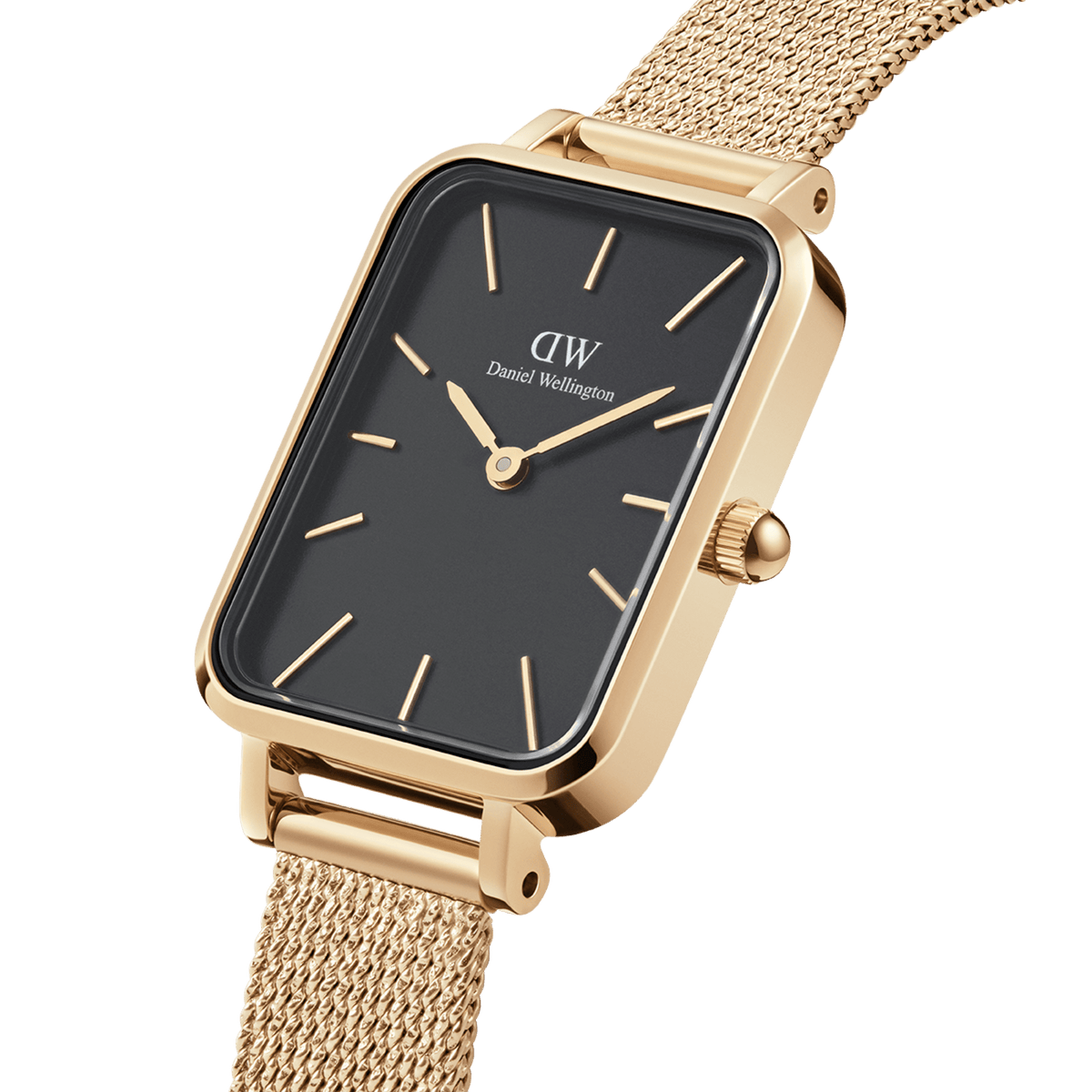 Quadro Pressed Evergold Black Gold displays a rectangular gold case with a sleek black dial and a fine gold mesh strap, highlighting its minimalist and refined design for women.