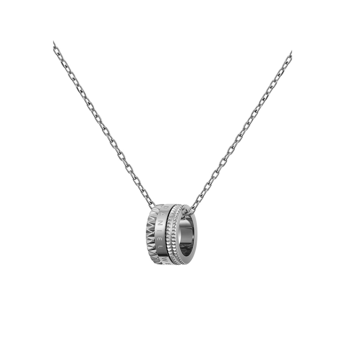 Modern silver necklace with a sculptural geometric ring pendant, featuring engraved and textured detailing on a fine chain, ideal for everyday wear or layering with other jewellery.