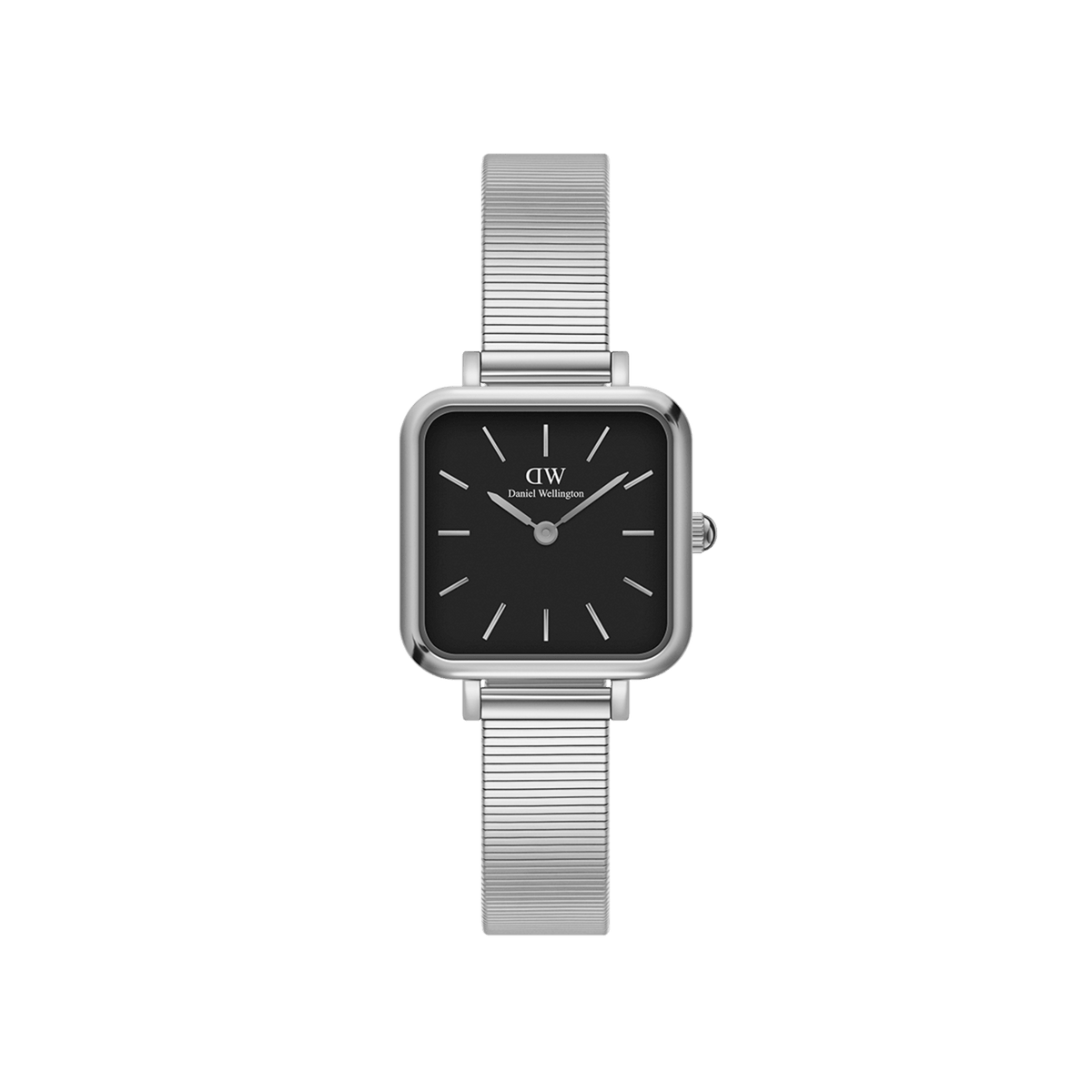 Quadro Studio Silver ladies watch with a petite square black dial, polished silver piano link strap, and minimalist design suitable for both casual and formal wear.