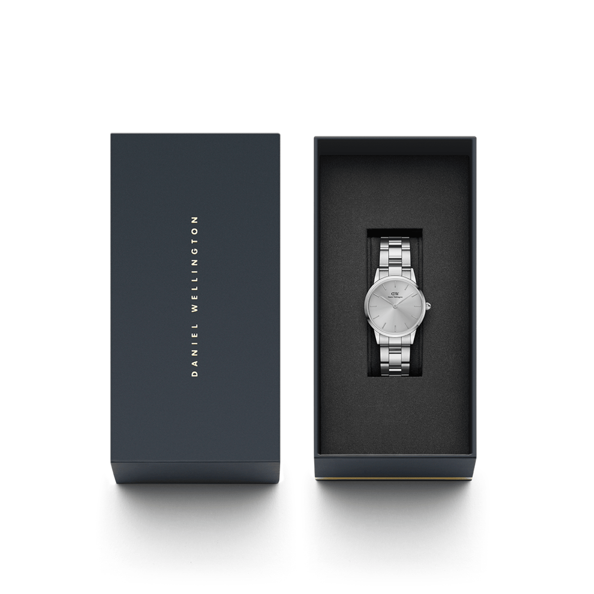 Iconic Link Unitone Silver ladies watch presented in a premium Daniel Wellington gift box, featuring a polished stainless steel bracelet and minimalist silver dial.
