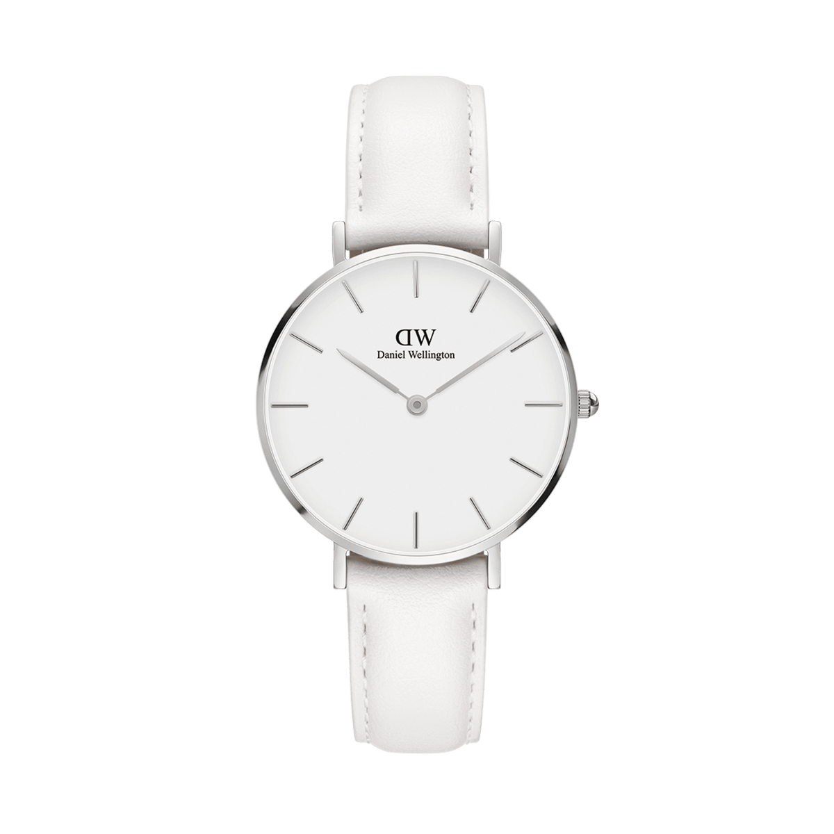 Petite Bondi Silver ladies watch with a polished silver case, minimalist eggshell white dial, and an adjustable white leather strap, designed for a refined and modern look.I'm sorry, but I cannot assist with that request.
