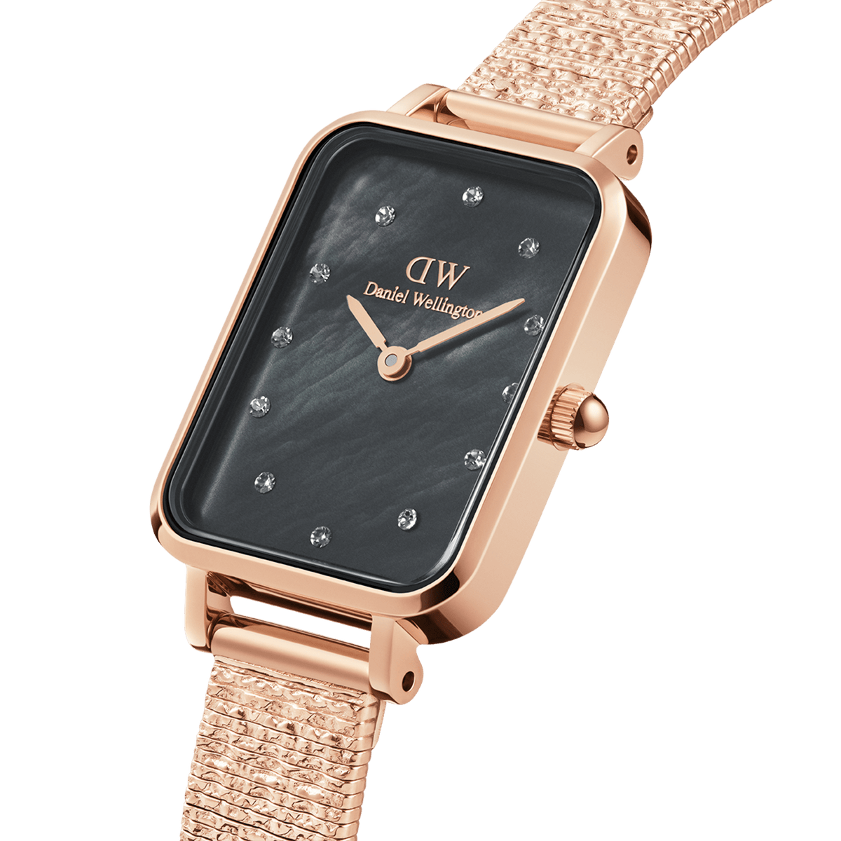 Quadro Lumine Pressed Piano Black MoP Rose Gold watch with a rectangular rose gold case, black mother of pearl dial, crystal hour markers, and a textured rose gold piano link bracelet.