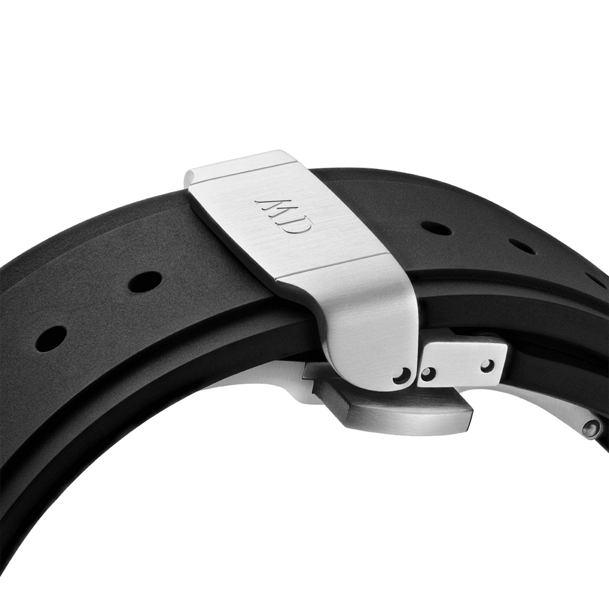 Close-up of the Switch Silver Apple Watch case’s black rubber strap with a brushed stainless steel deployment clasp, highlighting its secure fastening and durable design for 40mm Apple Watch models.