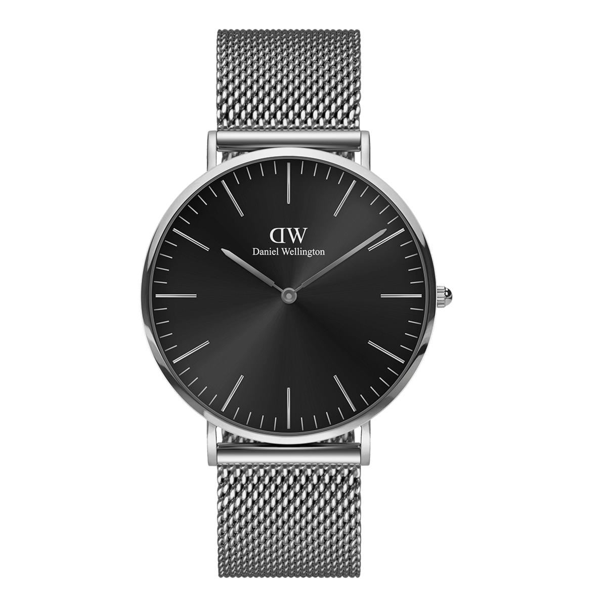 Classic Mesh Onyx silver watch with a black sunray dial, slim line markers, and a stainless steel mesh strap, showcasing a minimalist and modern design suitable for both casual and formal wear.