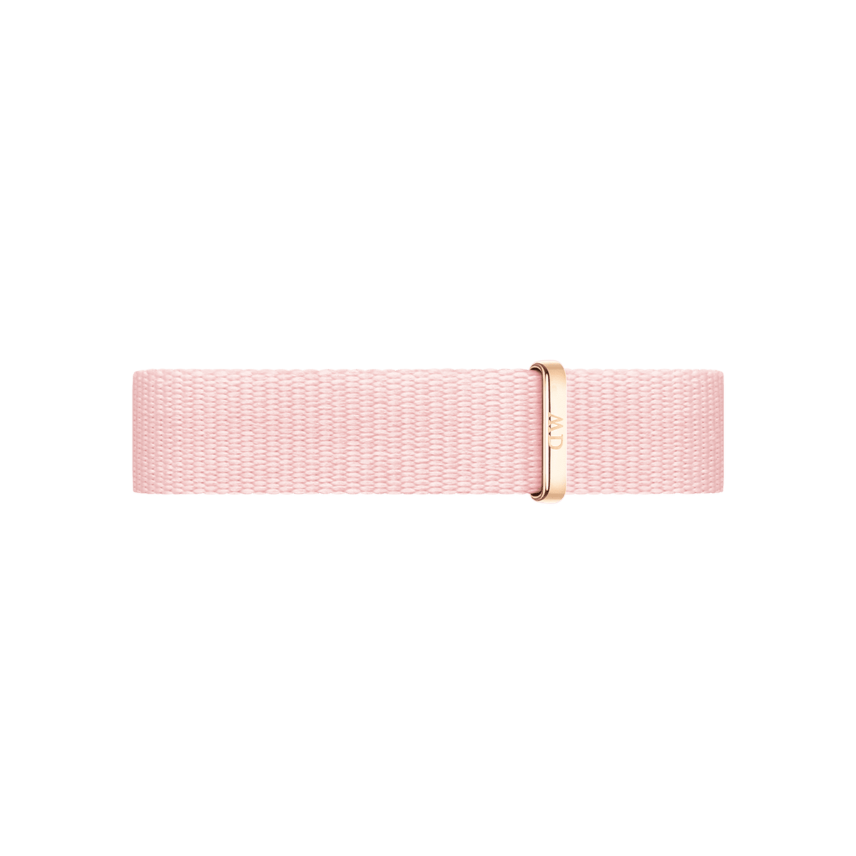 Slim pastel pink NATO style watch strap made from recycled polyester, featuring a rose gold buckle for a modern, refined look suitable for petite watches and smaller wrists.