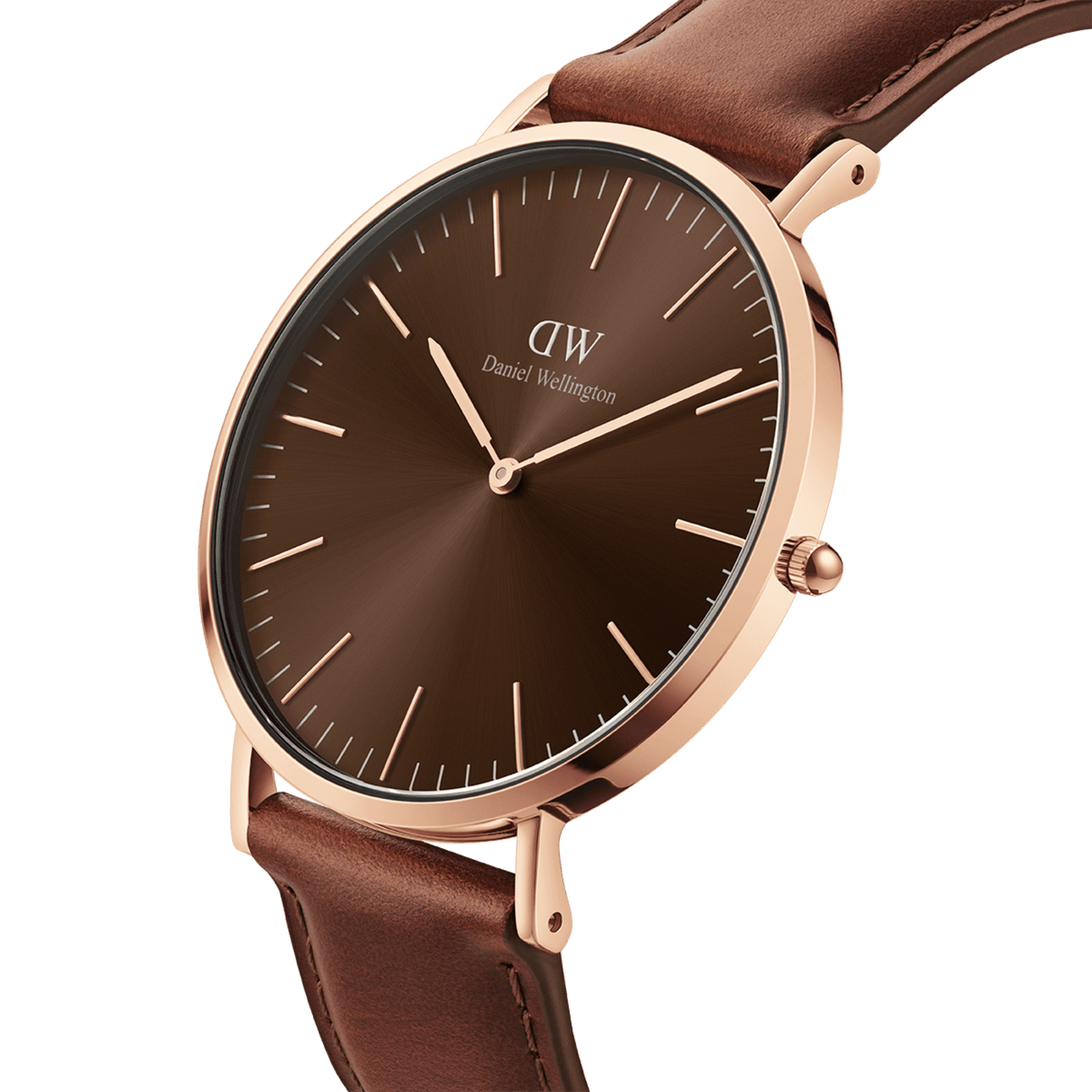 Classic St Mawes Amber Rose Gold watch featuring a sunray brown dial, slim rose gold case, minimalist markers, and a brown Italian Nappa leather strap, shown in a close-up angled view.