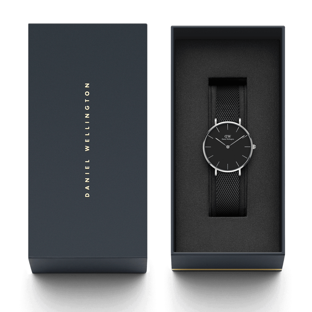 Petite Ashfield Silver presented in a sleek branded gift box, featuring a minimalist black dial and black stainless steel mesh strap, ideal for gifting or collecting.