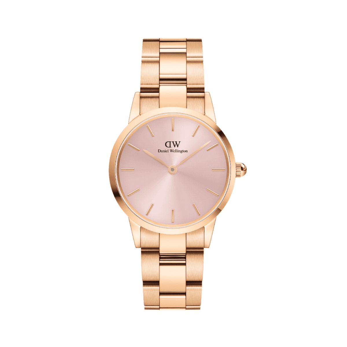 Iconic Link Pink Rose Gold ladies watch with a soft pink sunray dial, minimalist gold hour markers, and an adjustable rose gold stainless steel link bracelet.