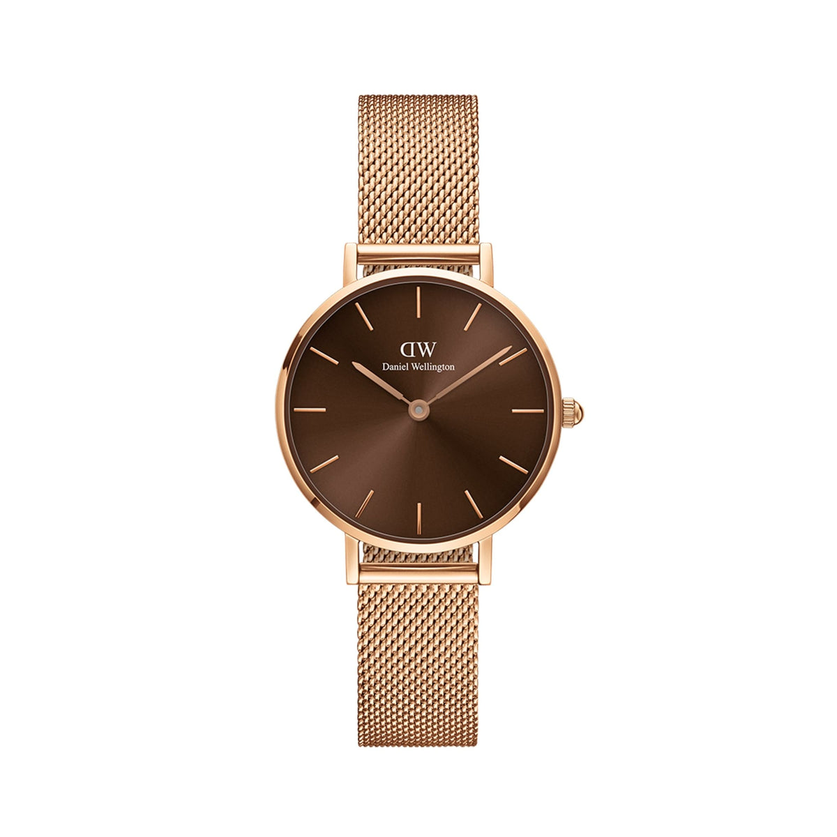 Petite Amber Rose Gold ladies watch with a sunray amber brown dial, minimalist hour markers, and an adjustable rose gold mesh strap, suitable for both casual and formal wear.